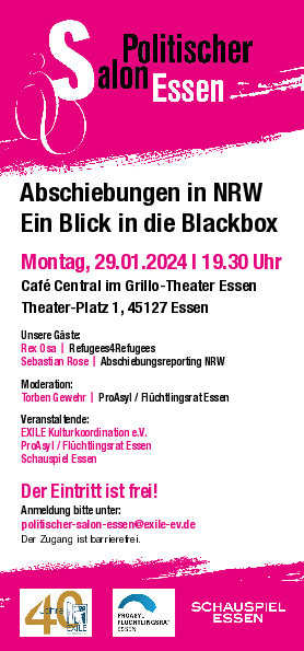 Plakat zur Veranstaltung am 29.01.2024 um 19 Uhr: Politischer Salon Essen, Abschiebungen in NRW - Ein Blick in die Blackbox (PDF-Dokument)